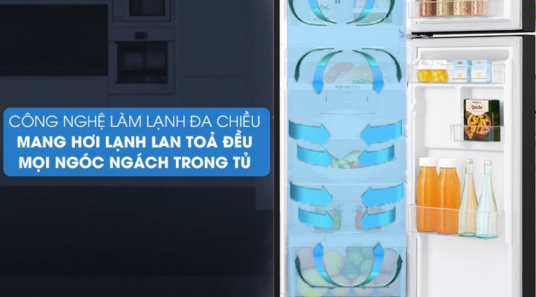 Hệ thống làm lạnh đa chiều phân bổ hơi lạnh đồng đều bên trong tủ lạnh LG GN-B222WB, bảo quản thực phẩm tươi ngon