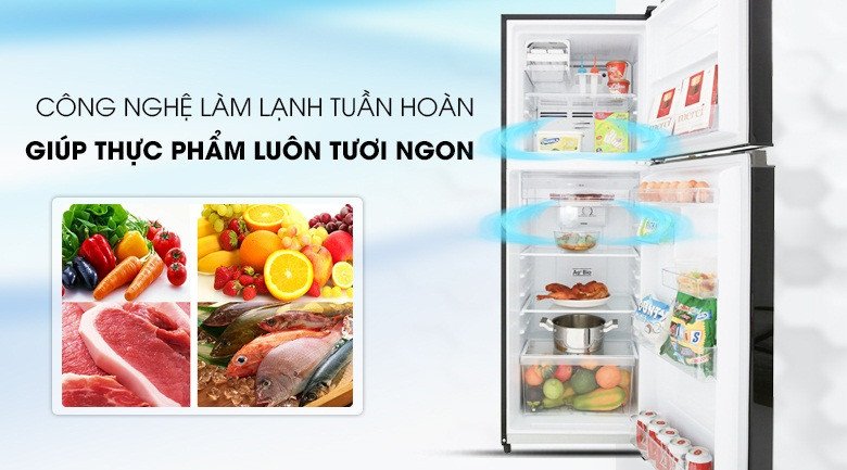 Hệ thống làm lạnh tuần hoàn của tủ lạnh Toshiba A28VM(UKG) đảm bảo thực phẩm tươi ngon.