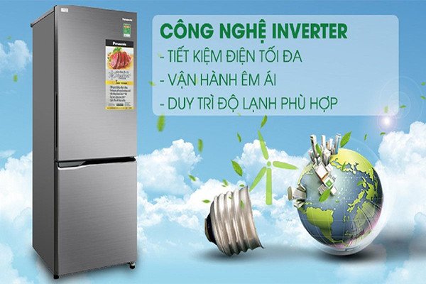 Hình ảnh minh họa tủ lạnh Inverter với biểu tượng tiết kiệm điện, nhấn mạnh hiệu quả công suất tủ lạnh