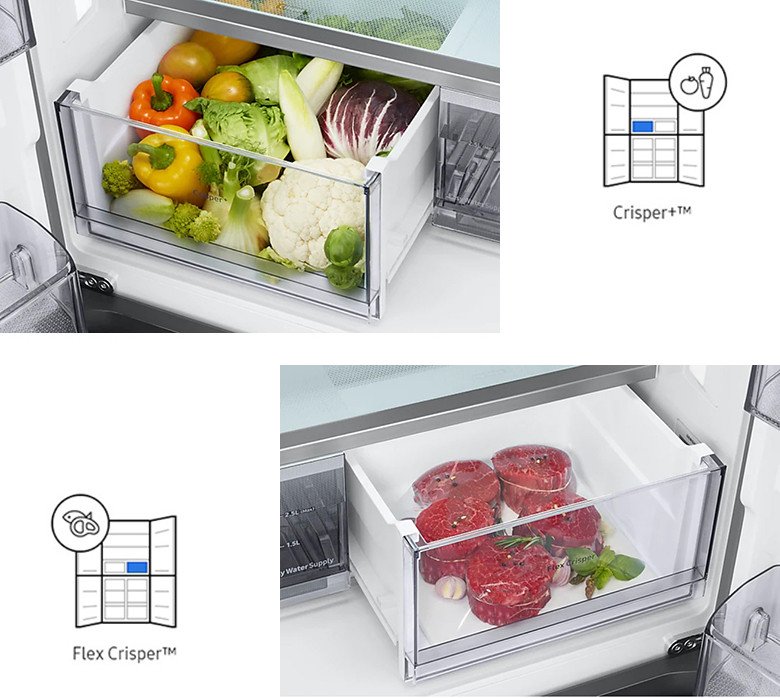 Hộp Crisper+ và Flex Crisper trên tủ lạnh Samsung RF60A91R177/SV