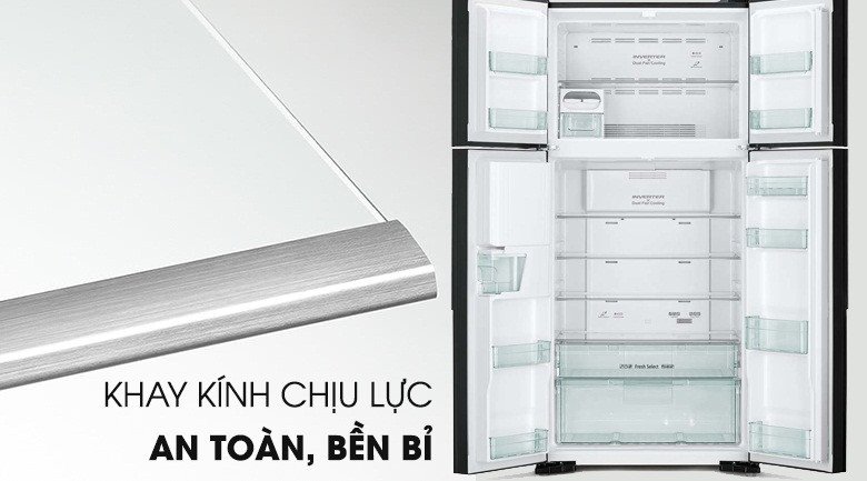 Khay kính chịu lực chắc chắn bên trong tủ lạnh Hitachi R-FW690PGV7(GBW) cho phép lưu trữ nhiều thực phẩm