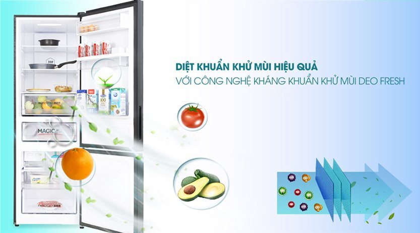 Không gian nội thất tủ lạnh Aqua AQR-B380MA luôn trong lành nhờ công nghệ khử mùi Deo Fresh