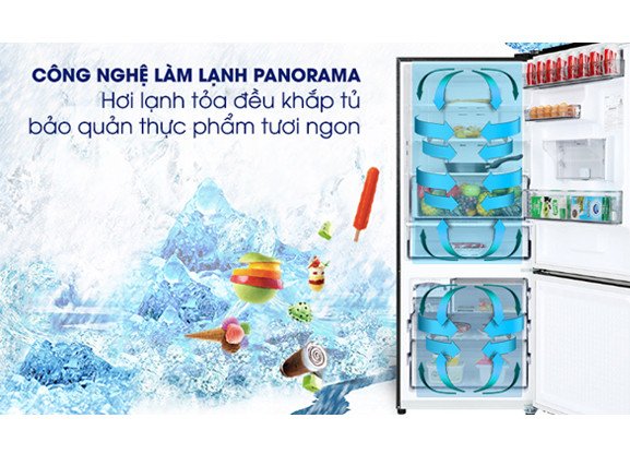 Không gian nội thất tủ lạnh Panasonic với công nghệ làm lạnh Panorama đảm bảo hơi lạnh phân bổ đều khắp các ngăn, bảo quản thực phẩm tối ưu