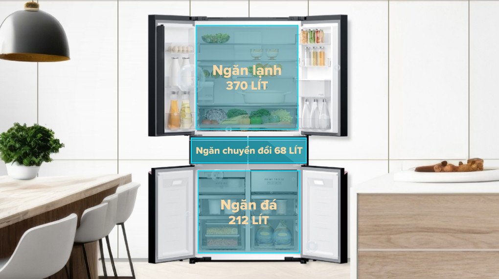 Không gian rộng rãi bên trong tủ lạnh Panasonic 650 lít Multi Door NR-WY720ZMMV thể hiện dung tích lưu trữ ấn tượng