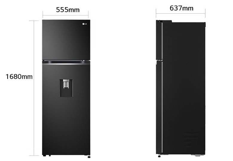Kích thước chi tiết tủ lạnh LG GV-D262BL ngăn đá trên