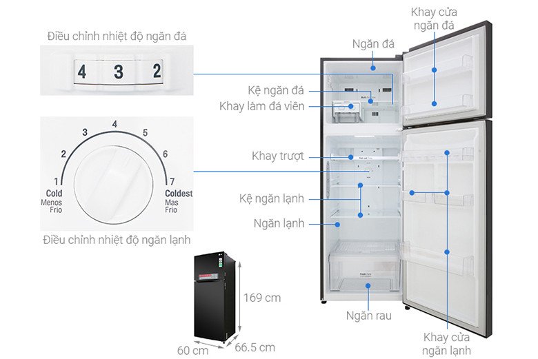 Kích thước của tủ lạnh LG Inverter 315 lít GN-M315BL có kích thước cân đối, dễ dàng lắp đặt