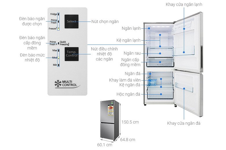 Kích thước của tủ lạnh Panasonic Inverter 255 lít NR-BV280QSVN với ngăn mát tối ưu