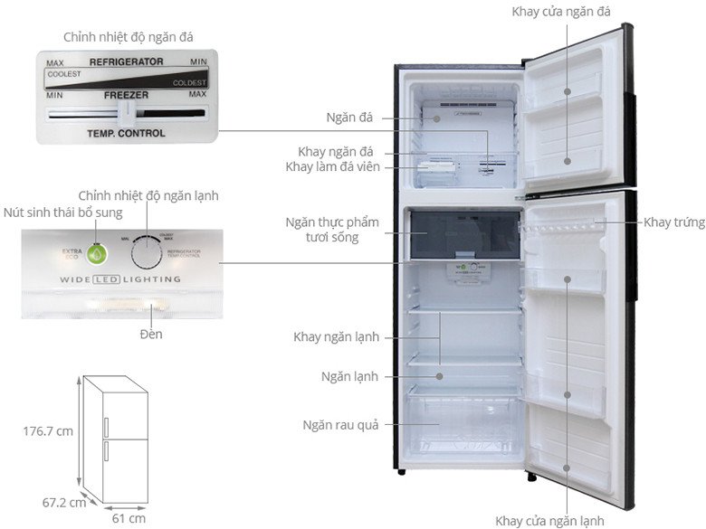 Kích thước của tủ lạnh Sharp Inverter 315 lít SJ-X346E-DS với công nghệ làm lạnh kép
