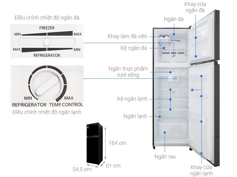 Kích thước tổng quan tủ lạnh Toshiba GR-B31VU(SK) 253 lít