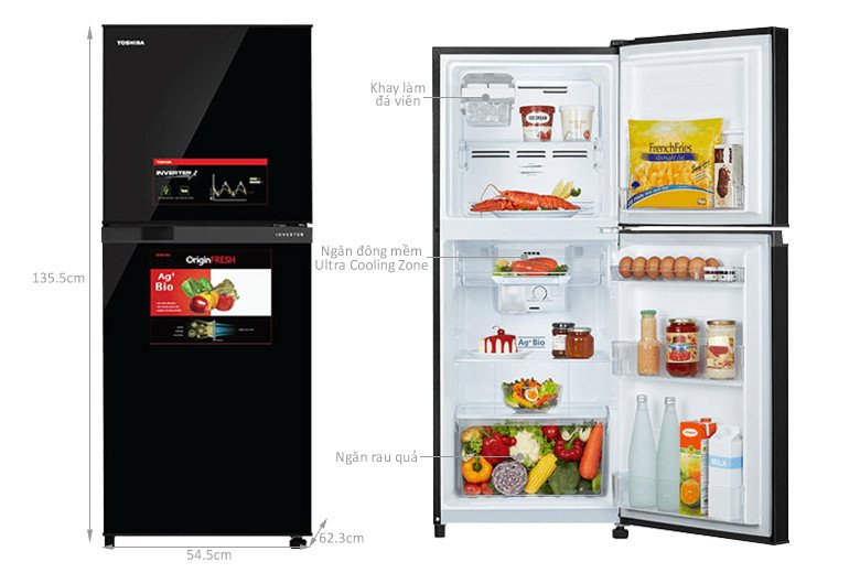 Kích thước tổng thể tủ lạnh Toshiba GR-A25VM(UKG1) Inverter 194 lít