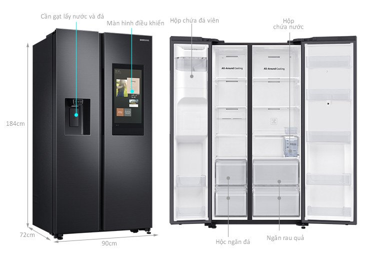 Kích thước tổng thể và thiết kế tủ lạnh Samsung RS64T5F01B4/SV Side by Side