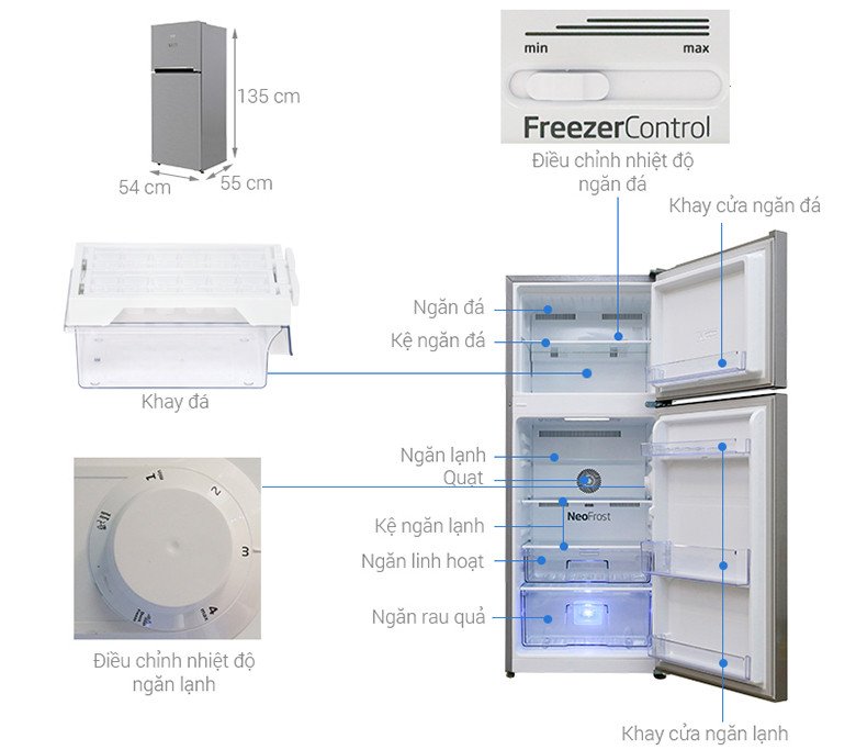 Kích thước tủ lạnh Beko Inverter 188 lít RDNT200I50VS nhỏ gọn, công nghệ NeoFrost