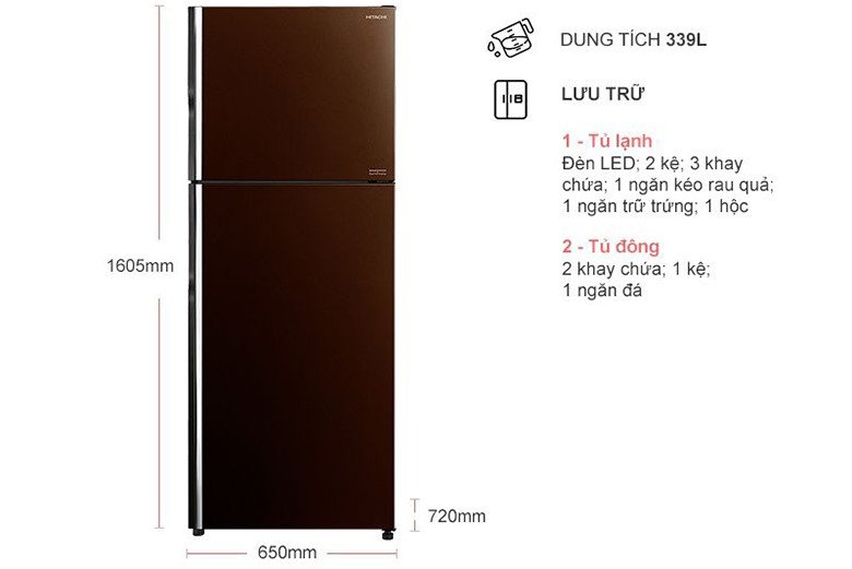 Kích thước tủ lạnh Hitachi Inverter 339 lít R-FG450PGV8(GBW) đáp ứng nhu cầu lưu trữ thực phẩm