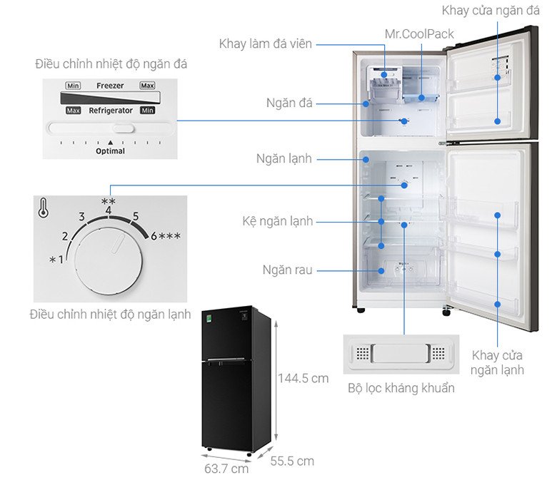 Kích thước tủ lạnh Samsung Inverter 208 lít RT20HAR8DBU/SV với thiết kế ngăn đá trên