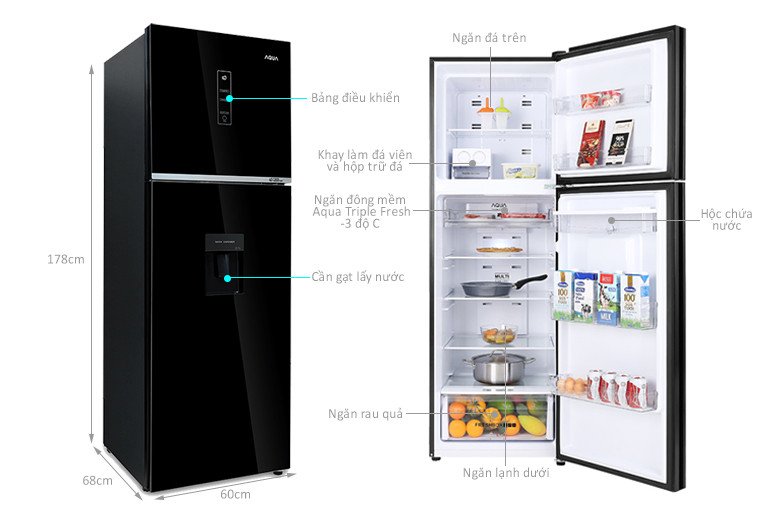 Kích thước và thông số kỹ thuật tủ lạnh Aqua AQR-T389FA(WGB)