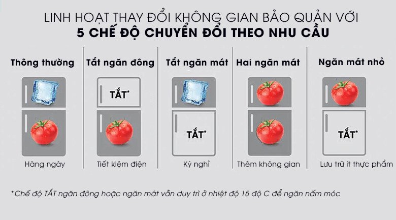 Minh họa 5 chế độ chuyển đổi linh hoạt ngăn đông thành ngăn mát của tủ lạnh Samsung