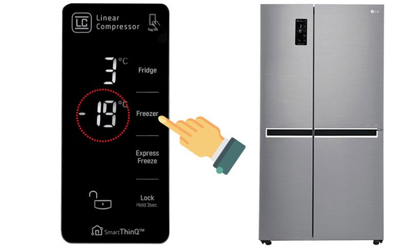 Minh họa cách cài đặt nhiệt độ ngăn đông tủ lạnh LG thông qua nút FREEZER trên bảng điện tử