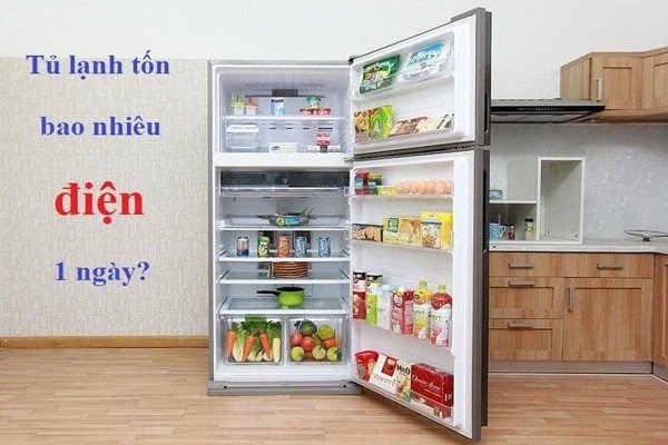 Mô tả ước tính điện năng tiêu thụ hàng ngày của tủ lạnh, minh họa các con số công suất tủ lạnh