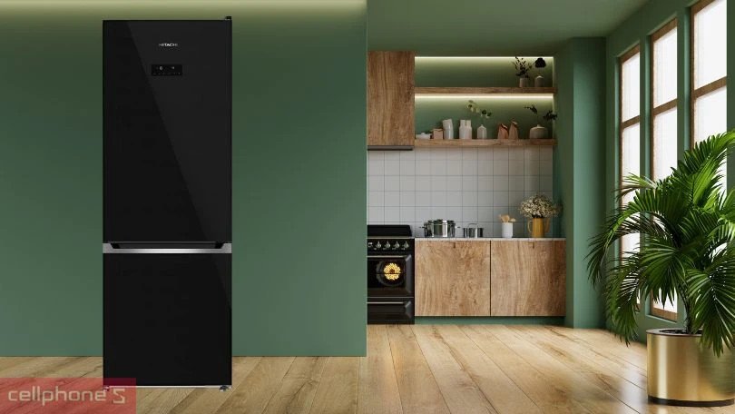 Một chiếc tủ lạnh ngăn đá dưới của thương hiệu Hitachi với màu bạc sang trọng, thiết kế cửa phẳng và tay nắm âm hiện đại