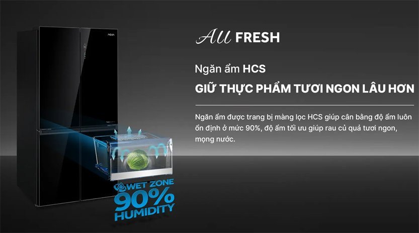 Ngăn cân bằng độ ẩm HCS và ngăn Fresh Box của tủ lạnh Aqua AQR-M727XA(GB)U1