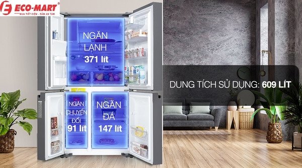 Ngăn chuyển đổi đa năng và không gian nội thất bên trong Tủ lạnh Electrolux EQE6879A-B