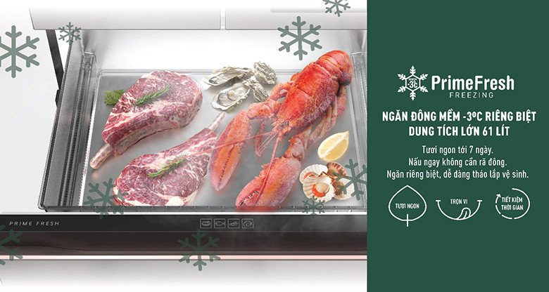 Ngăn đông mềm Prime Fresh trong tủ lạnh Panasonic NR-YW590YMMV, giữ thịt cá tươi ngon ở -3 độ C