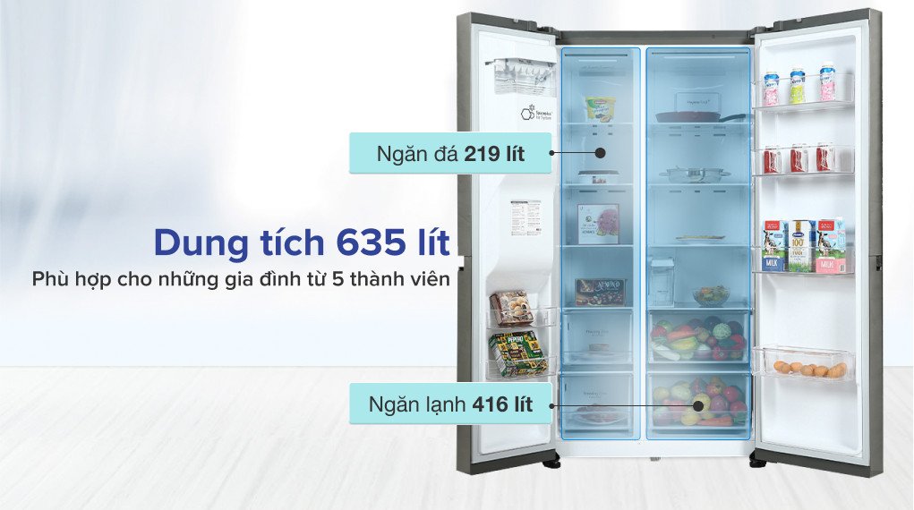 Ngăn lạnh bên trong tủ lạnh LG 635 lít GR-D257JS với thực phẩm