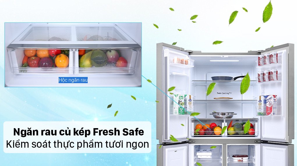 Ngăn rau củ quả chuyên biệt giúp giữ ẩm và bảo quản thực phẩm tươi ngon trong tủ lạnh Samsung