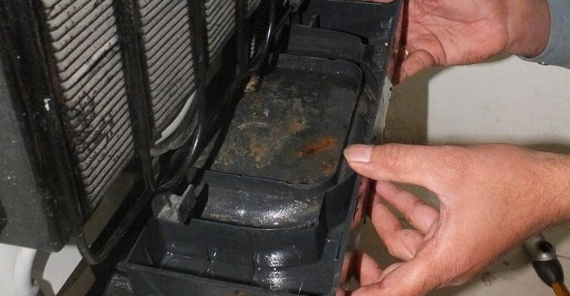 Người dùng đang tìm hiểu về chức năng của khay nước sau tủ lạnh