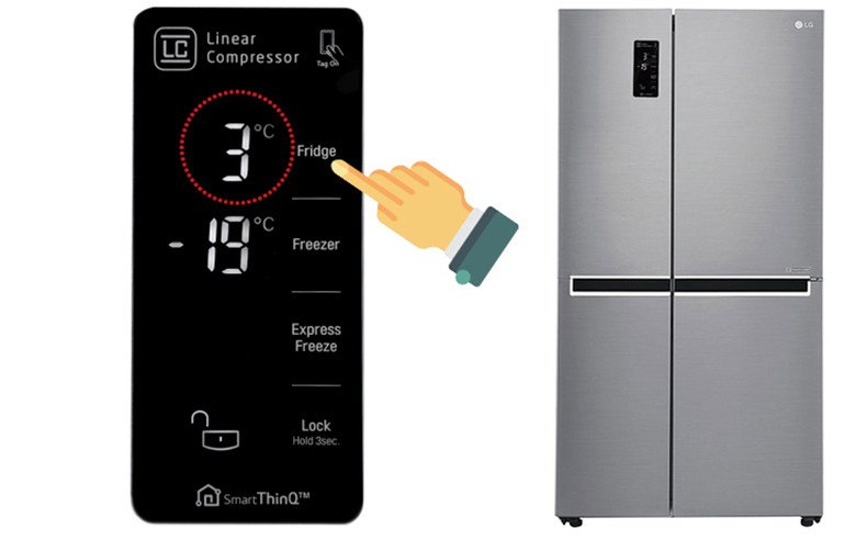 Người dùng thao tác điều chỉnh nhiệt độ ngăn mát tủ lạnh LG bằng bảng điều khiển cảm ứng