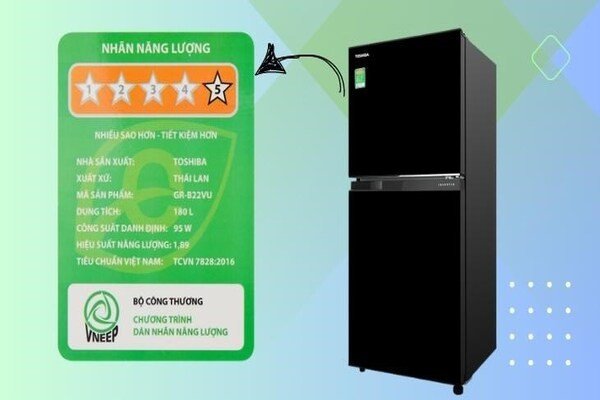 Nhãn năng lượng của Bộ Công Thương trên tủ lạnh, biểu thị mức tiêu thụ và công suất tủ lạnh