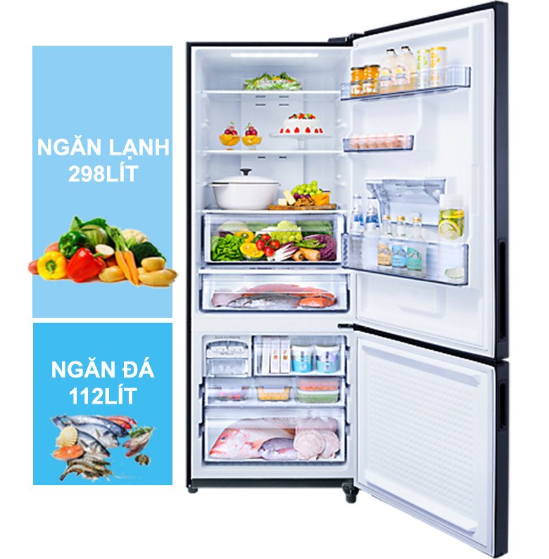 Nội thất rộng rãi và ngăn đá dưới tiện lợi của tủ lạnh Panasonic 410 lít NR-BX460WKVN