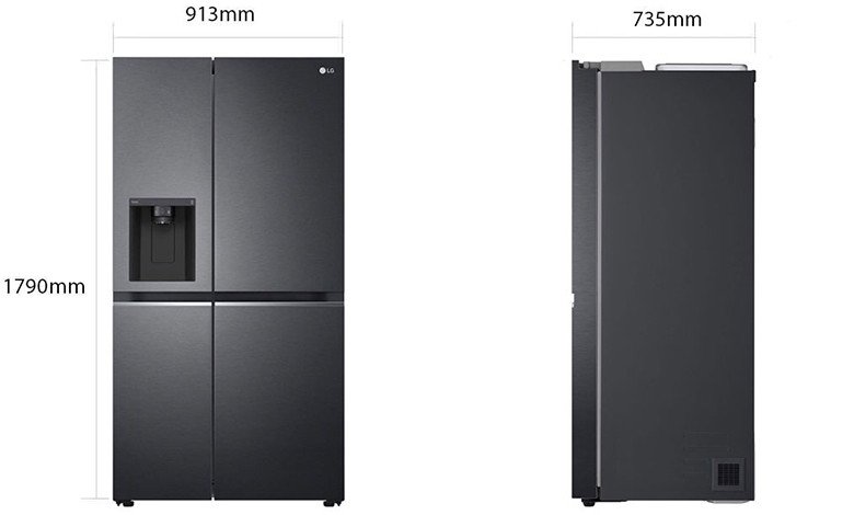 Sơ đồ kích thước tổng thể của tủ lạnh LG GR-D257WB chuẩn cho không gian bếp