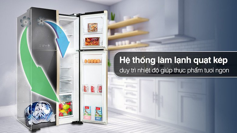 Sơ đồ minh họa hệ thống quạt kép độc lập phân phối khí lạnh trong tủ lạnh Hitachi R-FW650PGV8(GBK), giữ thực phẩm tươi ngon.