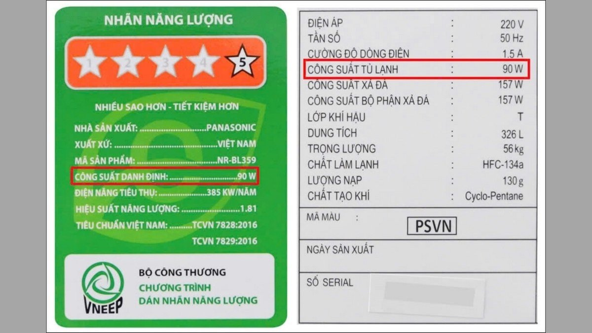 Tem nhãn năng lượng trên tủ lạnh hiển thị công suất tiêu thụ điện