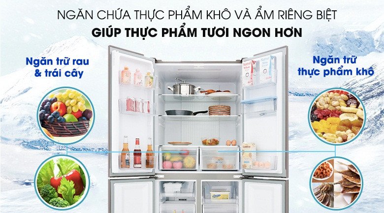 Thiết kế các ngăn chứa riêng biệt cho thực phẩm khô và ẩm trên tủ lạnh Aqua Inverter 456 lít AQR-IGW525EM(GB), tối ưu điều kiện bảo quản cho từng loại