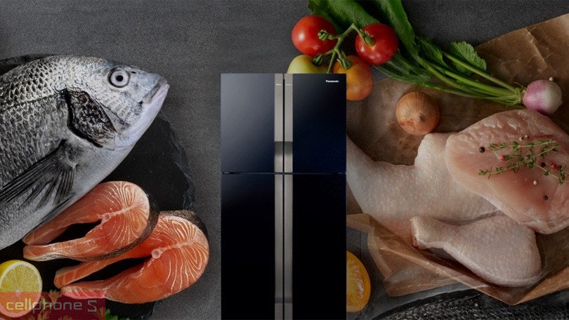 Thiết kế mặt kính đen ánh kim xanh và các ngăn chứa tiện lợi của tủ lạnh Multi Door Panasonic