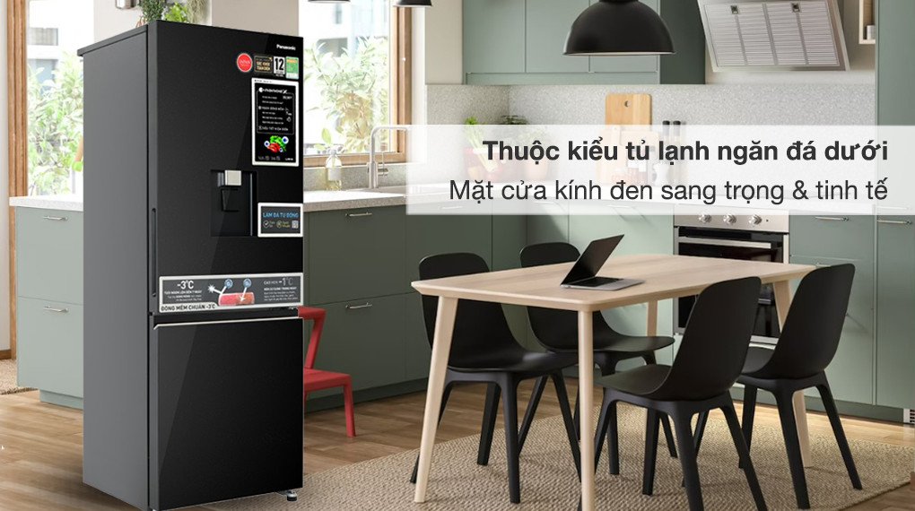 Thiết kế tủ lạnh Panasonic Inverter 300 lít NR-BV331WGKV ngăn đá dưới với mặt kính đen sang trọng