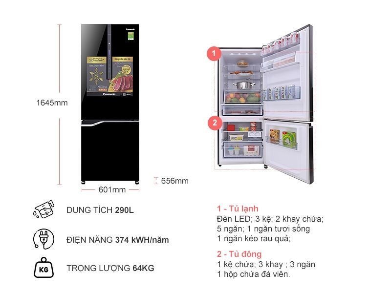 Thiết kế tủ lạnh Panasonic Inverter sang trọng