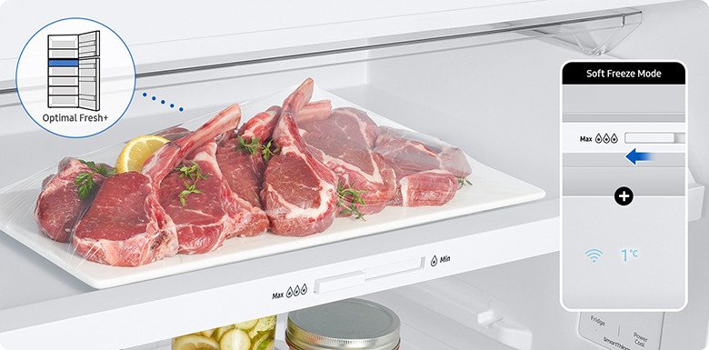 Thực phẩm được bảo quản tươi ngon trong ngăn đông mềm Optimal Fresh+ của tủ lạnh Samsung RT38CG6584B1SV.