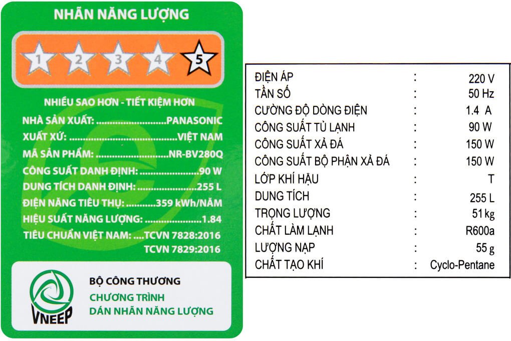 Tủ lạnh dán nhãn năng lượng của Bộ Công Thương, biểu thị mức tiết kiệm điện.