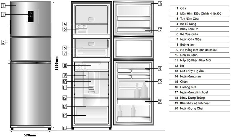 Tủ lạnh Electrolux EME3700HA màu bạc với thiết kế 3 cửa hiện đại