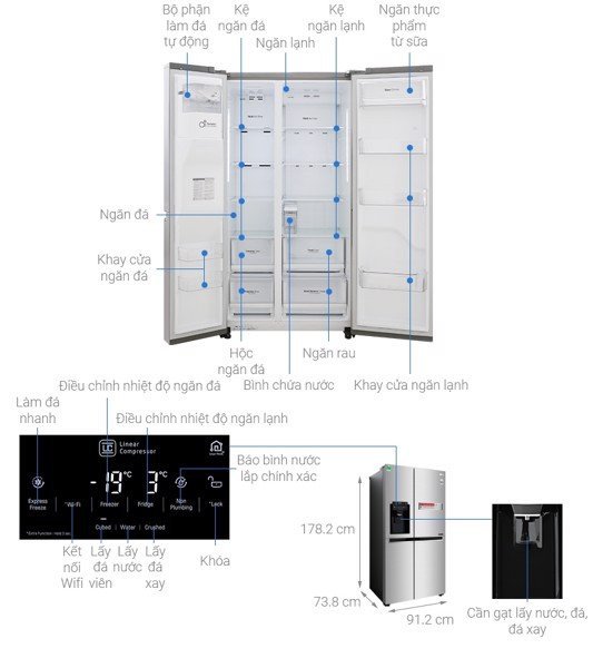 Tủ lạnh LG Inverter GR-D247JDS 601 lít với thiết kế side-by-side màu bạc sang trọng