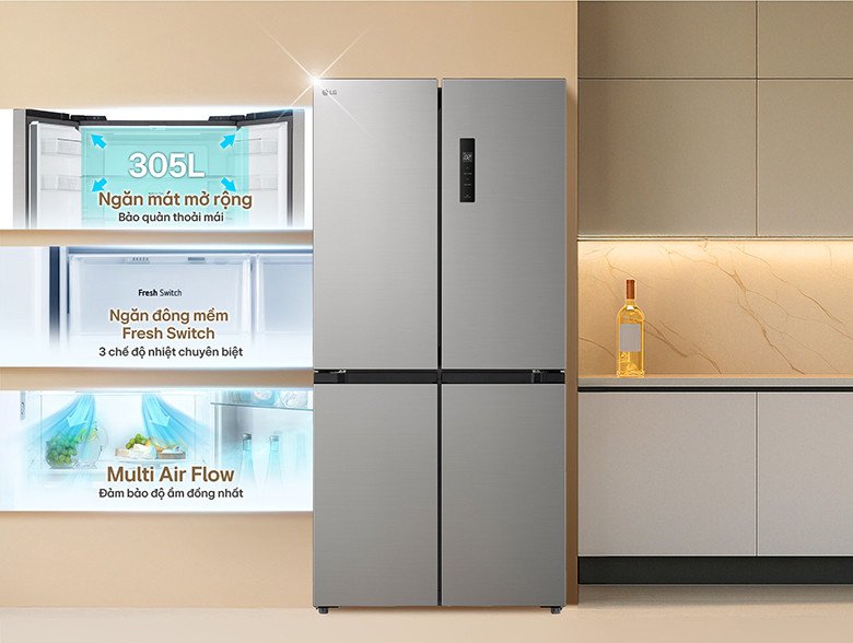 Tủ lạnh LG LFB47SVM 4 cánh màu bạc sang trọng trong không gian bếp hiện đại