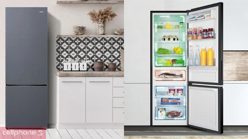Tủ lạnh ngăn đá dưới thương hiệu Aqua với màu sắc tươi sáng, thiết kế đơn giản nhưng vẫn đảm bảo tính thẩm mỹ và tiện dụng