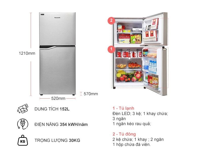 Tủ lạnh Panasonic Inverter 152 lít NR-BA178VSV1 màu bạc sang trọng