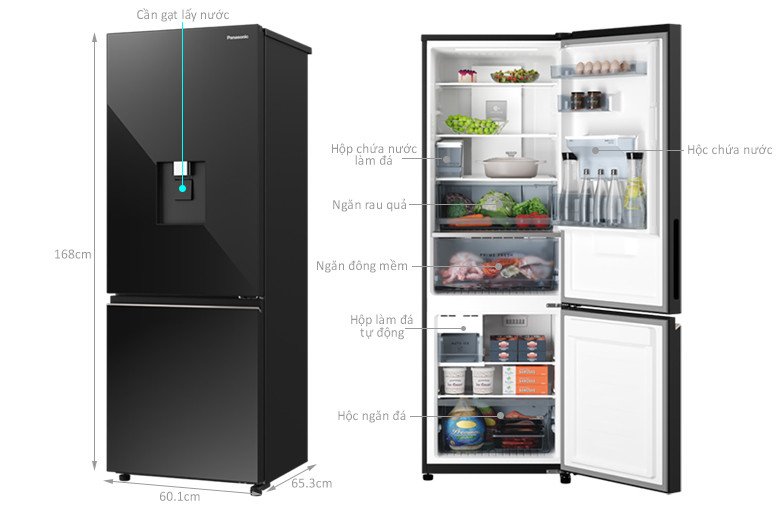 Tủ lạnh Panasonic NR-BV331WGKV với kích thước tổng thể và dung tích 300 lít