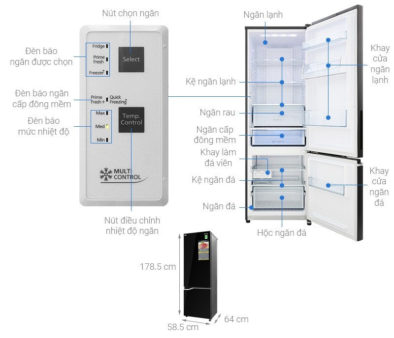 Tủ lạnh Panasonic NR-BV360GKVN mặt trước màu đen ánh kim