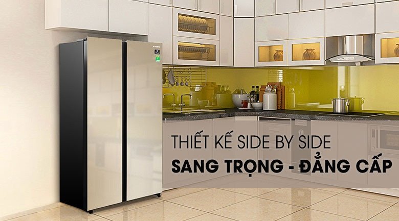 Tủ lạnh Side by Side lớn được lắp đặt âm gọn gàng trong tủ bếp hiện đại, tối ưu không gian.