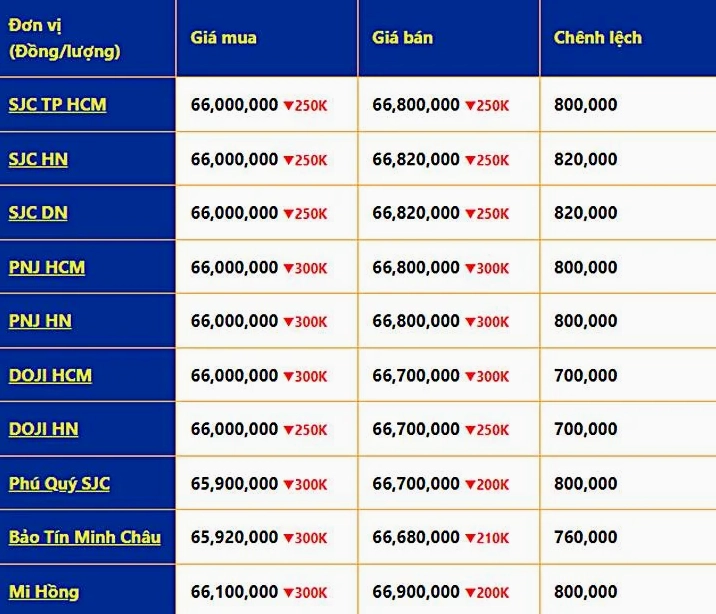Bảng giá vàng SJC và các loại vàng khác tháng 12/2022